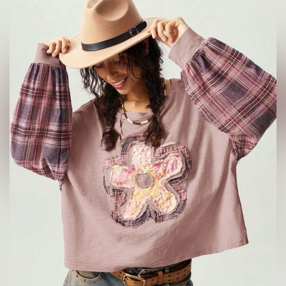 Plaid Patchwork Flower Top NWT - image 1